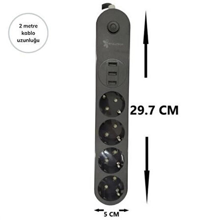 4lü Siyah Anahtarlı 3 Usb Li Akım Korumalı Topraklı Çocuk Korumalı Grup Priz 2 Metre