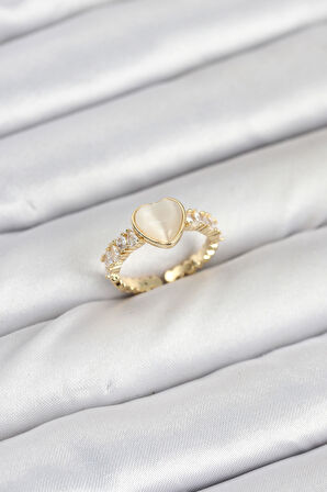 Pirinç Gold Renk Zirkon Taşlı Kalpli Kadın Yüzük - TJ-BYK3856
