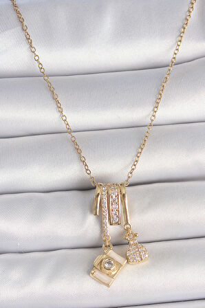 316L Çelik Gold Renk Zirkon Taşlı Sallantı Fotoğraf Makinası Figür Charm Kadın Kolye - TJ-BKO10097