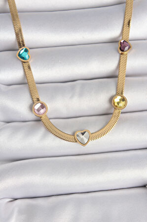 316L Çelik Gold Renk İtalyan Zincir Renkli Zirkon Taşlı Kalp Figür Kadın Kolye - TJ-BKO10117