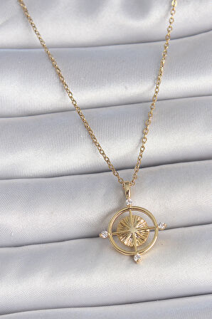 316L Çelik Gold Renk Zincir Zirkon Taşlı Pusula Model Kadın Kolye - TJ-BKO10039