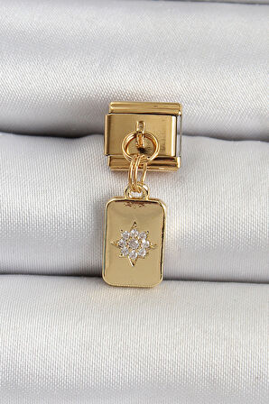316L Çelik Sallantılı Zirkon Taşlı Kutup Yıldızı Figürlü Dikdörtgen Model Gold Renk Nomination Charm - TJ-BC1406