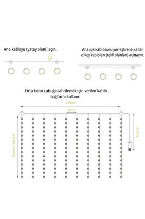 Lw-7 300 Ledli 10 Sarkıt Perde Led Işık, 8 Modlu Uzaktan Kumandalı, 3x3 Metre Peri Telli Led