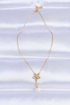 316L Çelik Zincir Gold Renk İnci Detay Çiçek Kolye - TJ-BKO8730