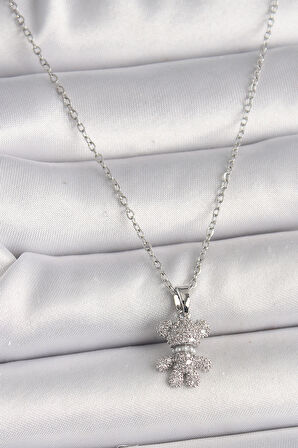 316L Çelik Gümüş Renk Zincir Zirkon Taşlı Ayıcık Figür Kadın Kolye - TJ-BKO9811