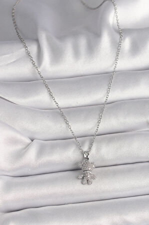 316L Çelik Gümüş Renk Zincir Zirkon Taşlı Ayıcık Figür Kadın Kolye - TJ-BKO9811