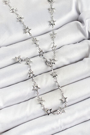 Pirinç Gümüş Renk Yıldızlı Kadın Y Kolye - TJ-BKO10300