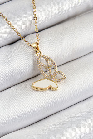 316L Çelik Zirkon Taşlı Kelebek Model Gold Renk Kadın Kolye - TJ-BKO10359