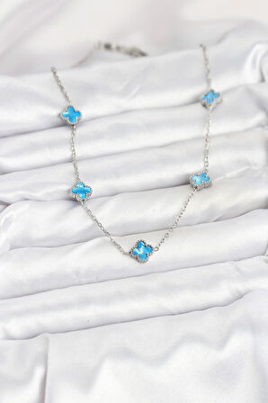 316L Çelik Zincir Gümüş Renk Buz Mavisi Baby Boy Yonca Kadın Kolye - TJ-BKO10576