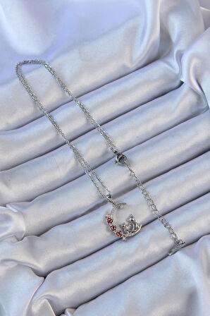 316L Çelik Zincir Gümüş Renk Kırmızı Gül Detay Kedi Figür Zirkon Taşlı Ay Kolye - TJ-BKO9130