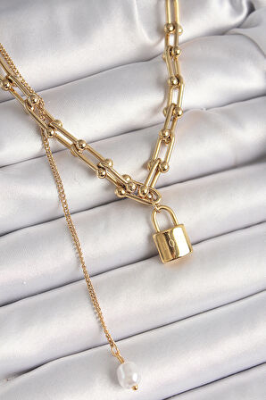 316L Çelik Gold Renk Tiffany Zincir Model Kilit Figür Sallantı İnci Detay Kadın Kolye - TJ-BKO9938