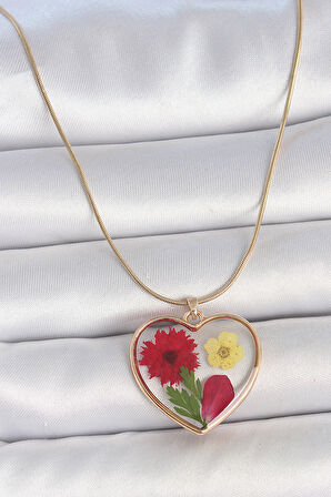 316L Çelik Gold Renk Zincir Epokis Kalp Doğal Çiçek Model Kadın Kolye - TJ-BKO10068