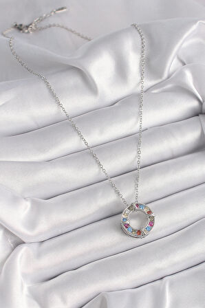 316L Çelik Gümüş Renk Zincir Renkli Zirkon Taşlı Xoxo Model Kadın Kolye - TJ-BKO9629