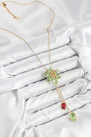 VIP Pirinç Zirkon Taşlı Çiçek Model Gold Renk Asansörlü Kadın Kolye - TJ-BKO10474