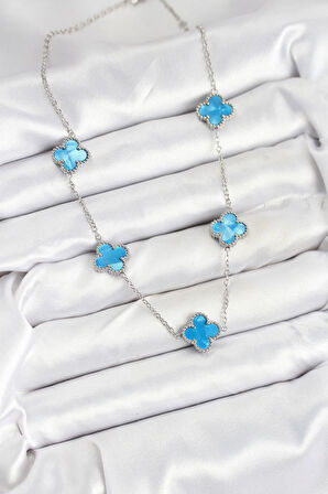 316L Çelik Zincir Gümüş Buz Mavisi Renk Yonca Kadın Kolye - TJ-BKO10582