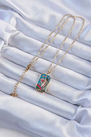 316L Çelik Zincir Altın Renk Taç ve Kız Figürlü Renkli Mineli Tarot Kolye - TJ-BKO9229