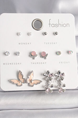 Pirinç Gümüş Renk Zirkon Taşlı Sallantı Çiçek Mineli Kelebek Figür İnci Detay 7 Çift Kadın Küpe Seti - TJ-BKP10138