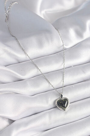 316L Çelik Gümüş Renk Yeşil Mineli Kalp Model Kadın Kolye - TJ-BKO9526