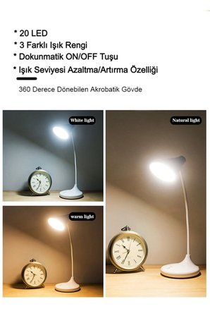PS-1918 Şarjlı Dokunmatik 20 Led 3 Kademeli Ayarlanabilir Renk Tonu Ve Parlaklık Masa Lambası