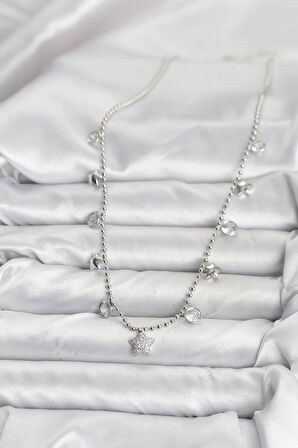 Pirinç Gümüş Renk Yıldız Model Kadın Kolye - TJ-BKO10650