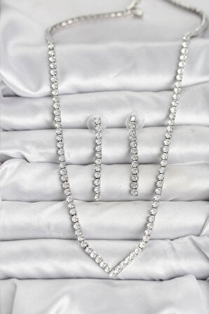 Gümüş Renk Zirkon Taşlı Kadın Kolye Küpe Seti - TJ-BKO10638