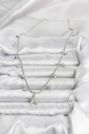 Pirinç Gümüş Renk Zirkon Taşlı Deniz Yıldızı Model Kadın Kolye - TJ-BKO10654