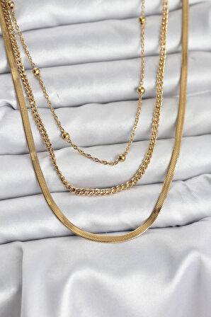 316L Çelik Gold Renk 3'lü Kadın Kolye - TJ-BKO10630