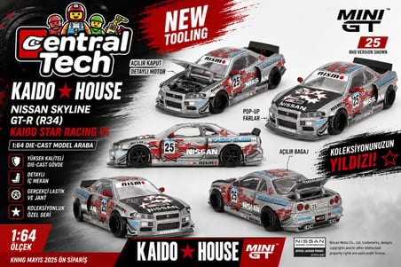 Mini GT x Kaido House 1:64 Nissan Skyline GT-R R34 Kaido Star Racing V1 KHMG197 Model Araba