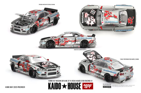 Mini GT x Kaido House 1:64 Nissan Skyline GT-R R34 Kaido Star Racing V1 KHMG197 Model Araba