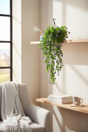 Yapay Çiçek Mor Sarkan Lotus Çiçekli Okaliptus Şimşir Yapay Sarmaşık 5dal 60cm