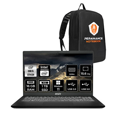 MSI Modern 14 C12MO i7 1255U 16GB 1TB SSD 14" FHD IPS W11P Taşınabilir Bilgisayar & PER4 ÇANTA
