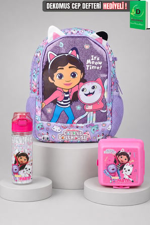 x Dekomus Lisanslı Gabby’s Dollhouse Meow Magic Collection Anaokul Çantası,Beslenme Kabı ve 500 ML Matara Seti