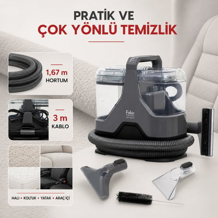 Fakir 600 W Motorlu Halı ve Koltuk Yıkama Makinesi, Ayrı Temiz ve Kirli Su Hazneleri, Geniş Fırça 