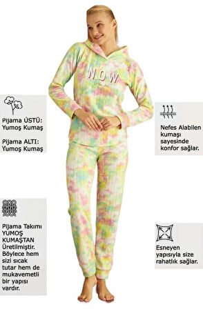 Kadın Batik Desen Kapüşonlu Fitilli Polar Bilek Manşetli Kışlık Jogger Pijama Takımı
