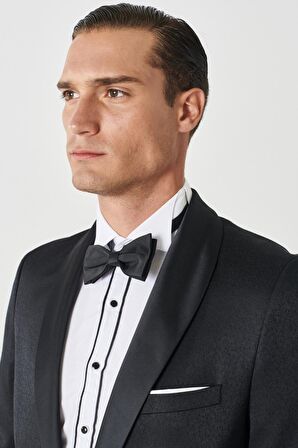 Erkek Siyah Slim Fit Dar Kesim Mono Yaka Desenli Klasik Smokin Takım