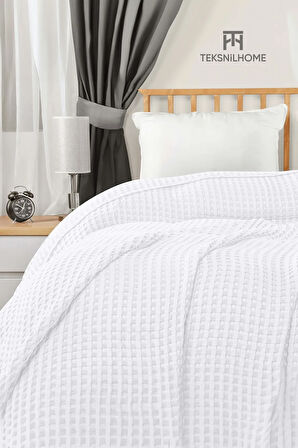 | %100 Pamuk Waffle Desen Beyaz Çift Kişilik Pike |yatak Örtüsü | 200x230 | Çok Amaçlı Örtü