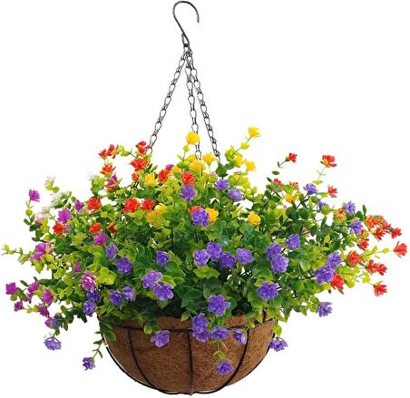 Yapay Çiçek Sarkaç Askılı Makreme Sepette Karışık  Renkli Mineli Şimşir Yeşillik Çiçek Sepeti