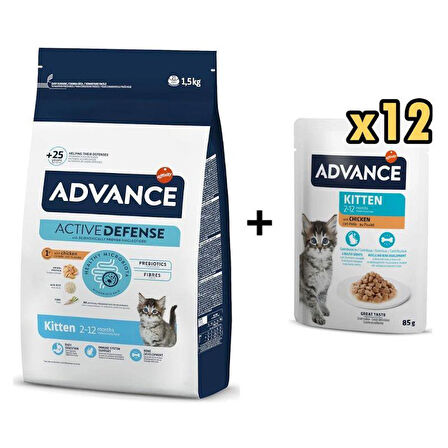 Advance Tavuklu Yavru Kedi Maması 1,5 Kg + 12 Adet Advance Tavuklu Yavru Kedi Pouch Yaş Maması 85 Gr