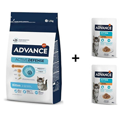 Advance Tavuklu Yavru Kedi Maması 1,5 Kg + 2 Adet Advance Tavuklu Yavru Kedi Pouch Yaş Maması 85 Gr