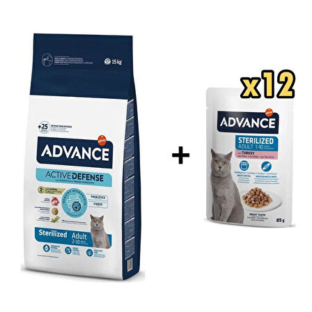 Advance Hindili Kısırlaştırılmış Kedi Maması 15 kg + 12 Adet Advance Hindili Kısır Kedi Pouch Yaş Maması 85 Gr