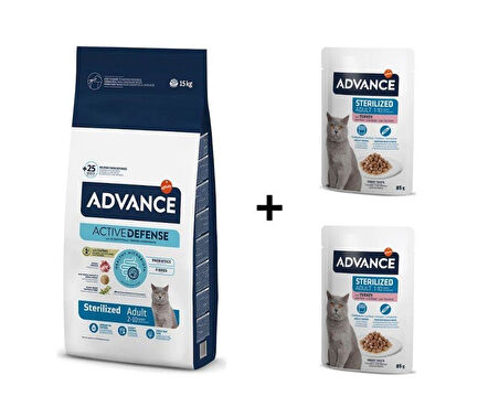 Advance Hindili Kısırlaştırılmış Kedi Maması 15 kg + 2 Adet Advance Hindili Kısır Kedi Pouch Yaş Maması 85 Gr