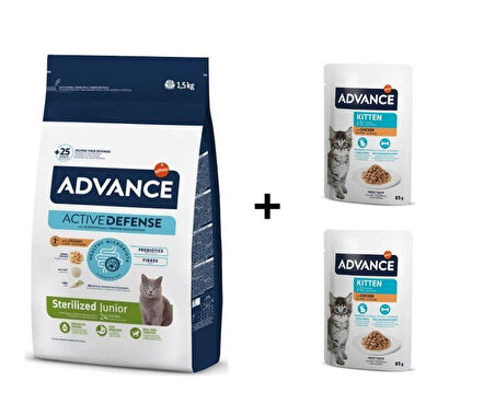 Advance Tavuklu Kısırlaştırılmış Yavru Kedi Maması 1,5 Kg +  2 Adet Advance Tavuklu Yavru Kedi Pouch Yaş Maması 85 Gr