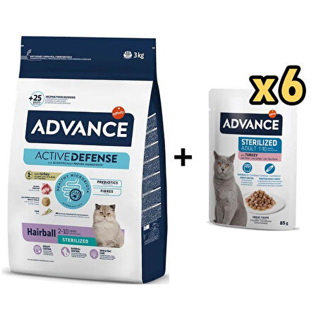 Advance Hairball Hindili Kısırlaştırılmış Kedi Maması 3 Kg + 6 Adet Advance Hindili Kısır Kedi Pouch Yaş Maması 85 Gr