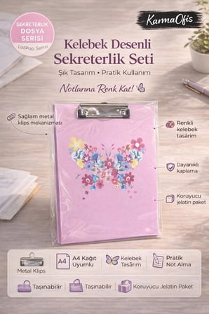 Kelebek Desenli Sekreterlik Seti Metal Klipsli A4 Uyumlu Not Tutma Panosu