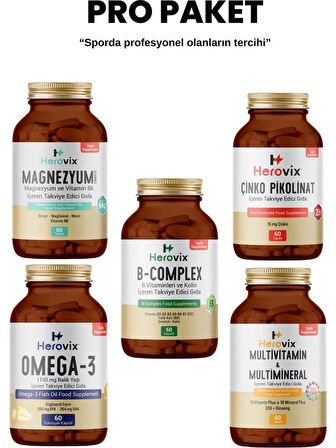 Herovix Sporculara Özel 5'li Pro Paket (Omega3, Magnezyum, Multivitamin, Çinko, B Complex)