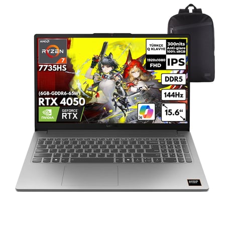 Lenovo LOQ 15ARP10E Ryzen 7-7735HS 16-GBDDR5 1 TBSSD RTX4050 (6GB-GDDR6-65W) 15.6" FHD Windows 11 Home + HMF Sırt Çantası 83S00030TRHMF31