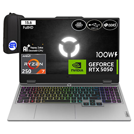 Lenovo Loq 15AHP10 Ryzen 7-250 24GB Ram 512GB SSD RTX5050 8gb 100W 15.6'' Inç Fhd 144Hz WIN11 Pro 83JG006ATREP3 + Elektropasaj Çanta