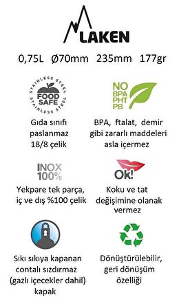 Laken Paslanmaz Çelik Basik Şişe 750 Ml.-St.Steel Cap   Lkbsh75 Tek Renk-STD