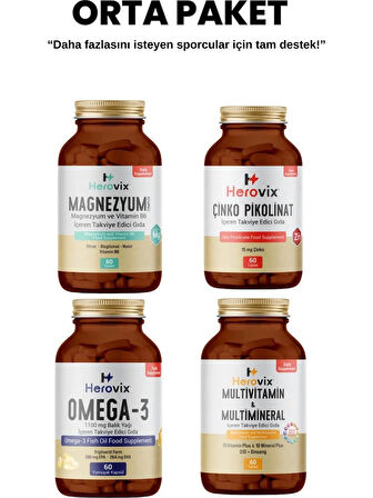 Herovix Sporculara Özel 4'lü Orta Paket (Omega3, Magnezyum, Multivitamin, Çinko)