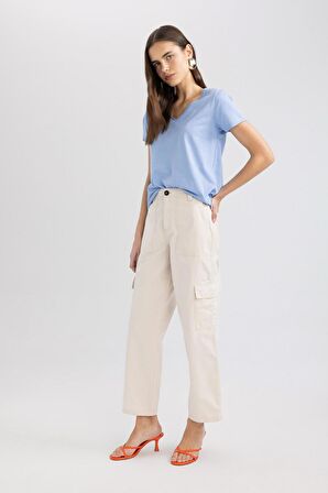 DeFacto Straight Fit Kargo Kargo Cepli Yüksek Bel Geniş Paça Gabardin Kumaş Pantolon A9200AX24SMBG422